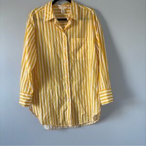 H&M Yellow and White Striped Casual Button Down Shirt Resort Wear Swim Coverup